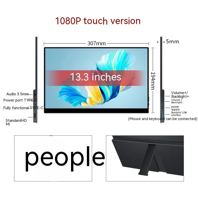 Black portable monitor with 1920x1080 IPS display showing a media scene, with touch screen option available