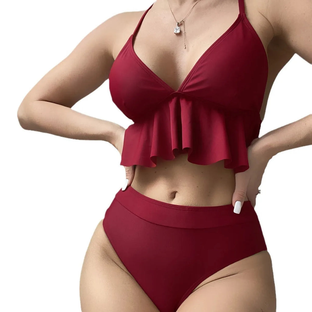Women's solid colour bikini swimsuit showing sleeveless top and pants in available colours.