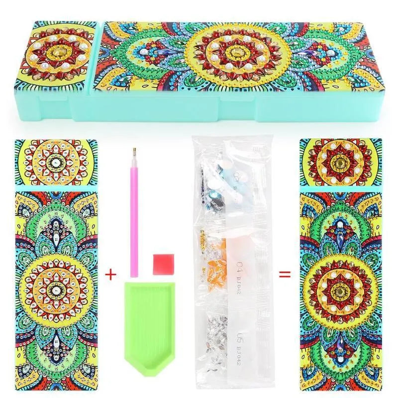 DIY diamond painting kit for making a personalised PU leather pencil case or wrist bag with resin sequins.