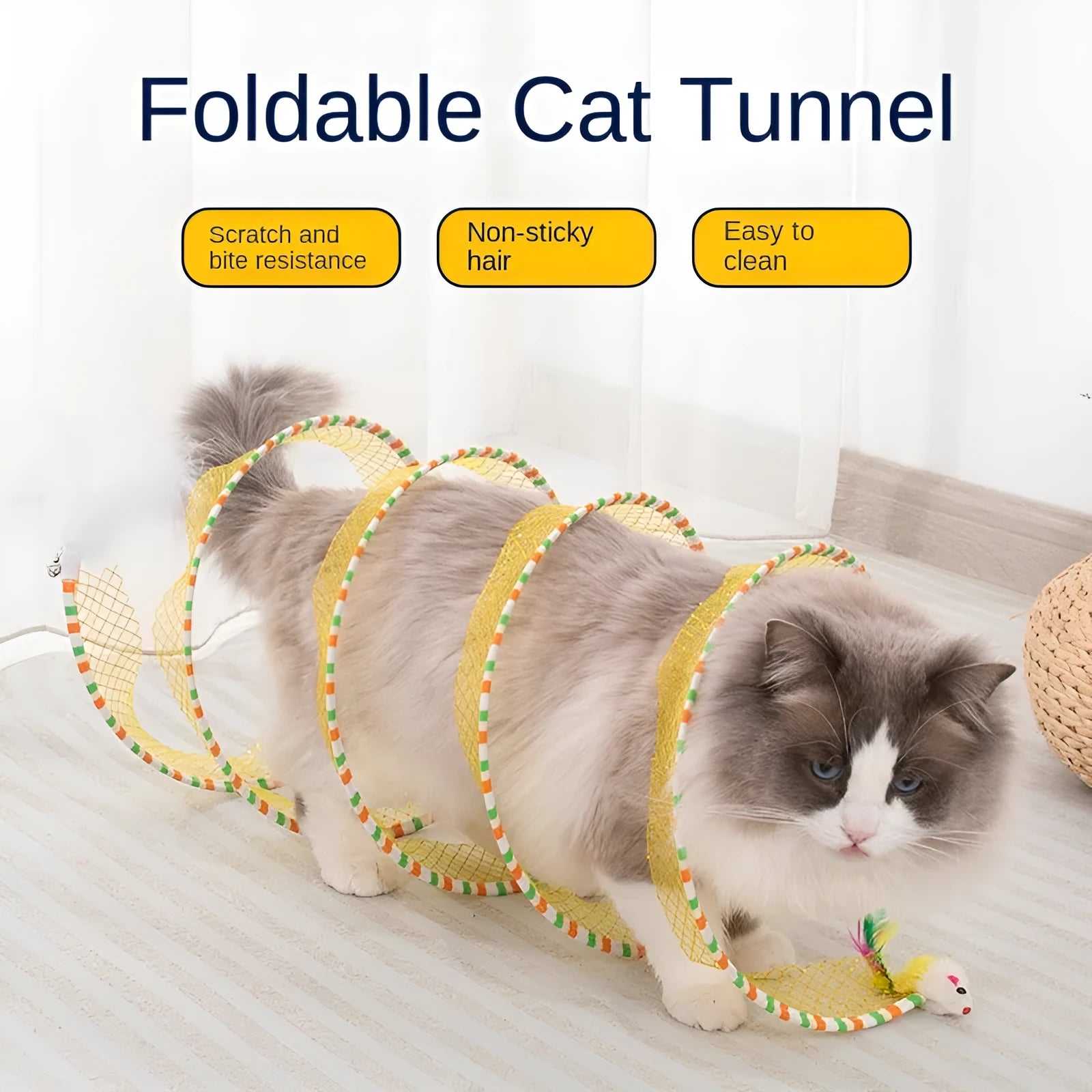 Blue and yellow cat toy set with fabric tunnel and long teasing stick with feathers