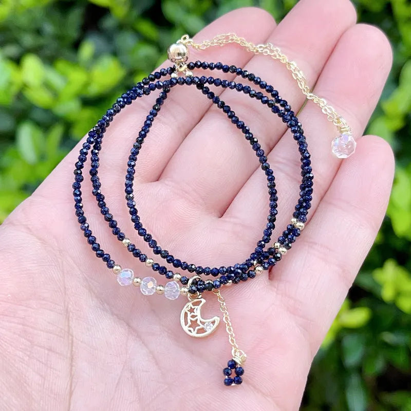 Blue gold sand stone multi-layer women's bracelet with three-ring adjustable design