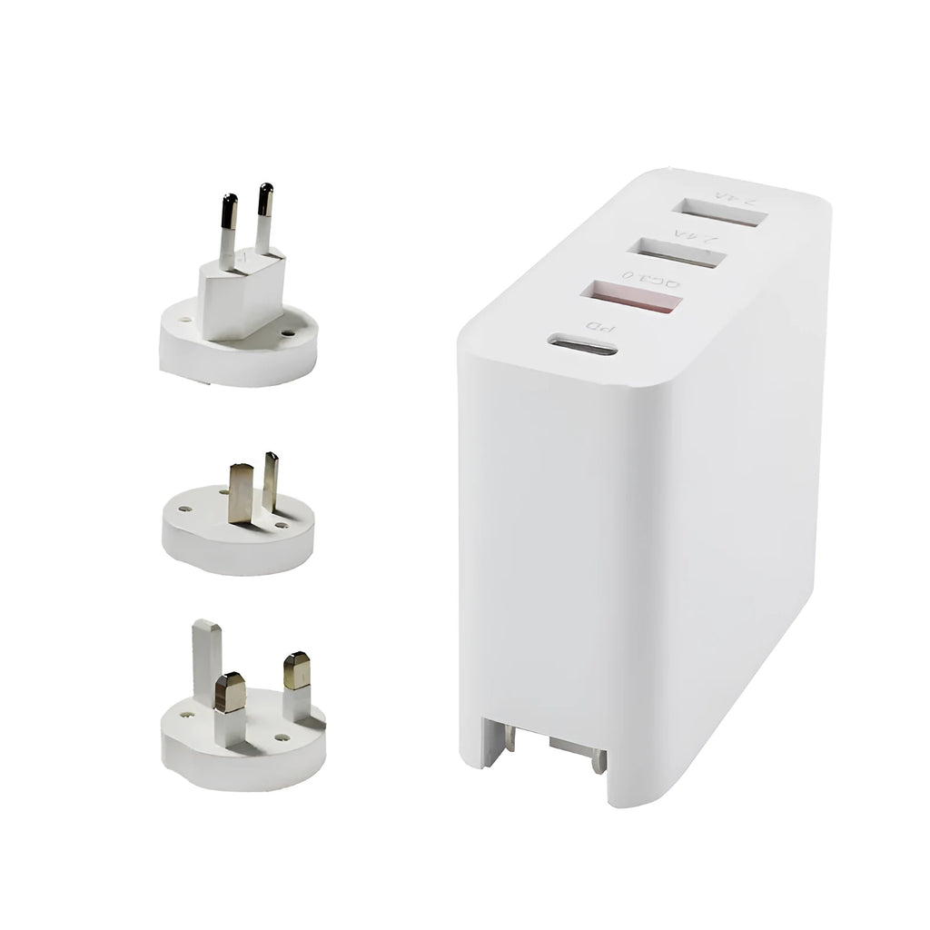 Black and white four-port USB-C wall charger with interchangeable UK, US, EU, and AU plug heads.