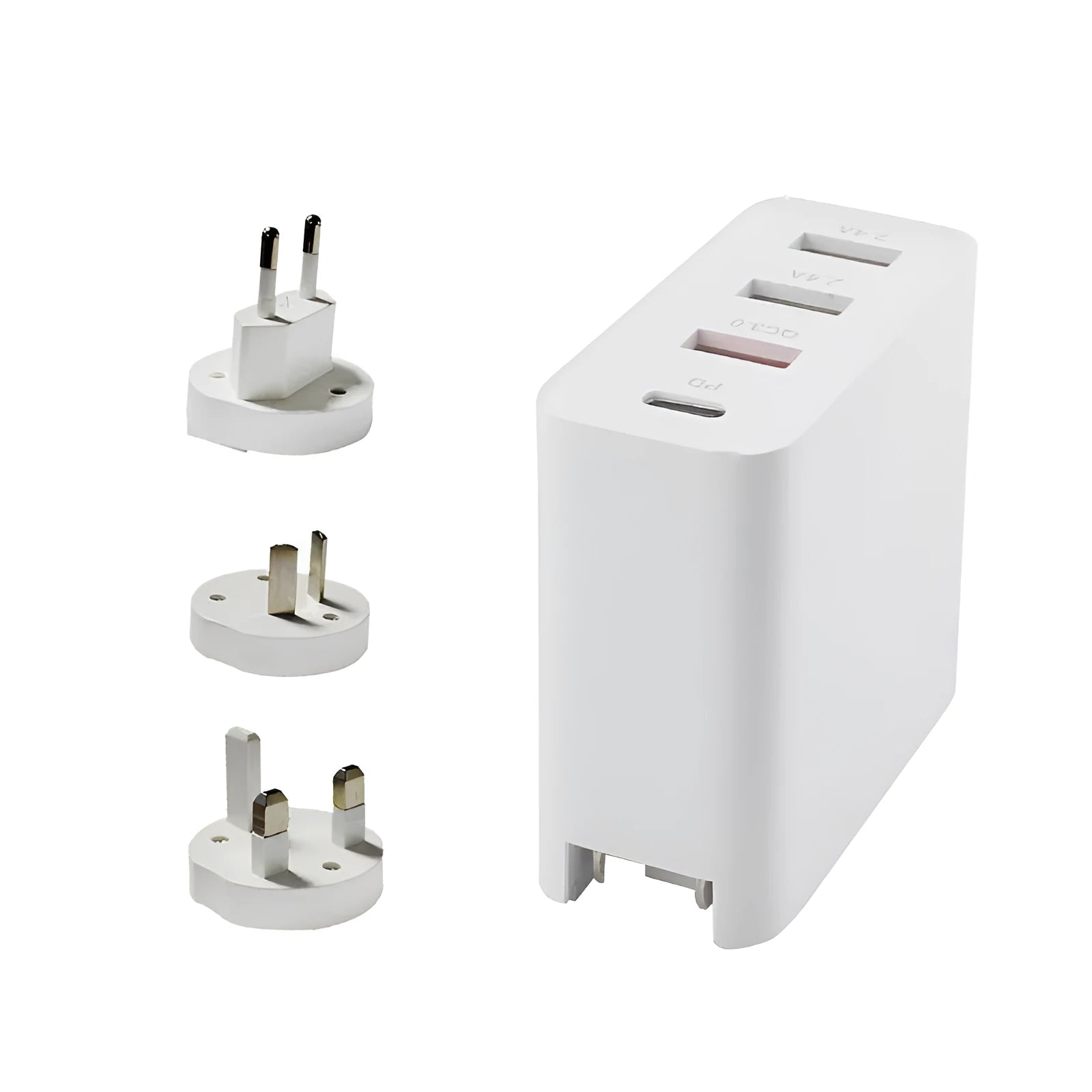 Black and white four-port USB-C wall charger with interchangeable UK, US, EU, and AU plug heads.