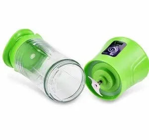 Blue handheld electric fruit juicer with USB charging port and 400ml capacity measurement