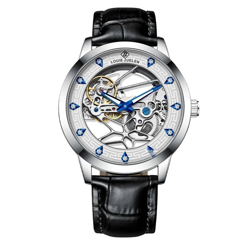 Men's silver case mechanical watch with white dial, blue hands, and a black leather strap.