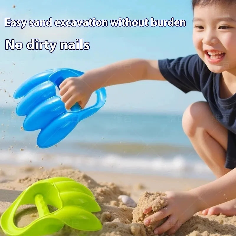 Two plastic sand digging shovels for children aged 4-6 years, set on a sandy surface near blue water.