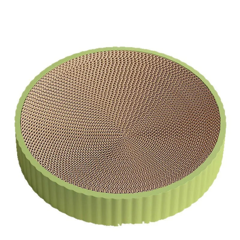 Green round cat scratching nest with corrugated paper surface, 55 cm diameter, shown with two replacement refill packs.