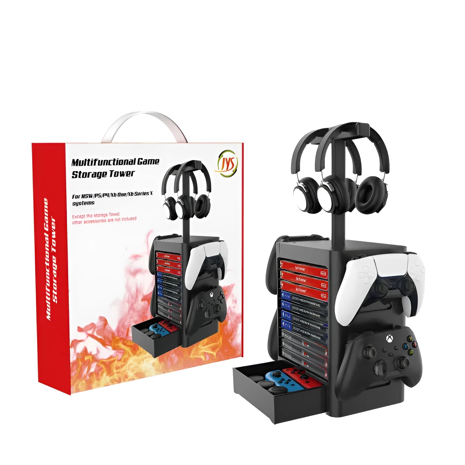 Black ABS game controller storage rack holding PS5 and Xbox controllers with headphones on top