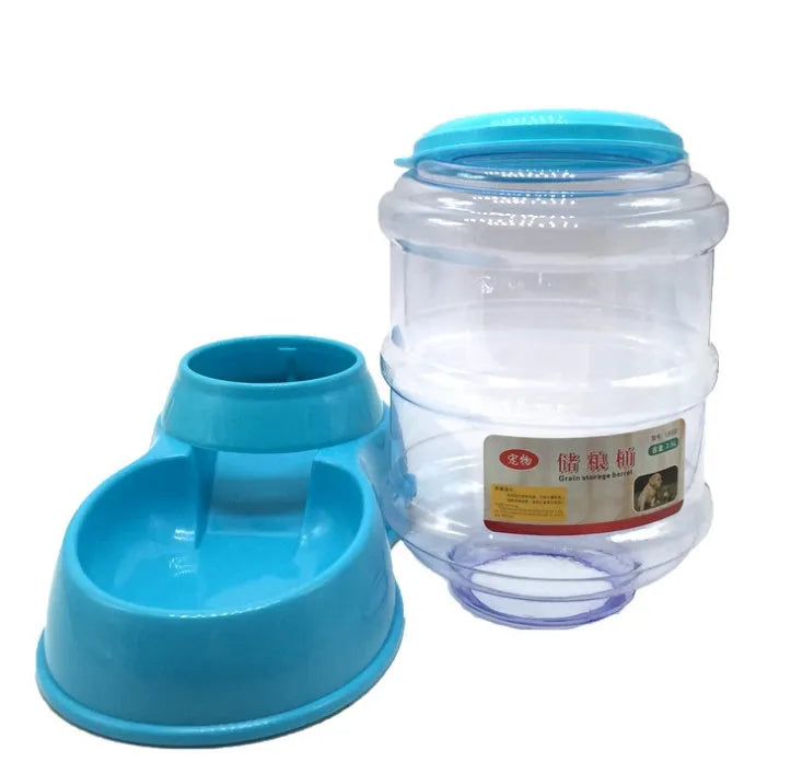 3.5L automatic gravity pet feeding basin for cats and dogs, available in blue, green, and pink colours