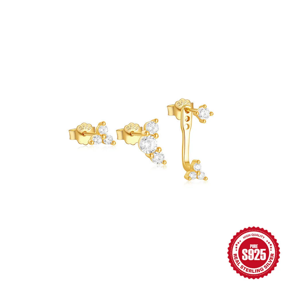 Set of three S925 sterling silver geometric stud earrings with zircon accents in gold tone.
