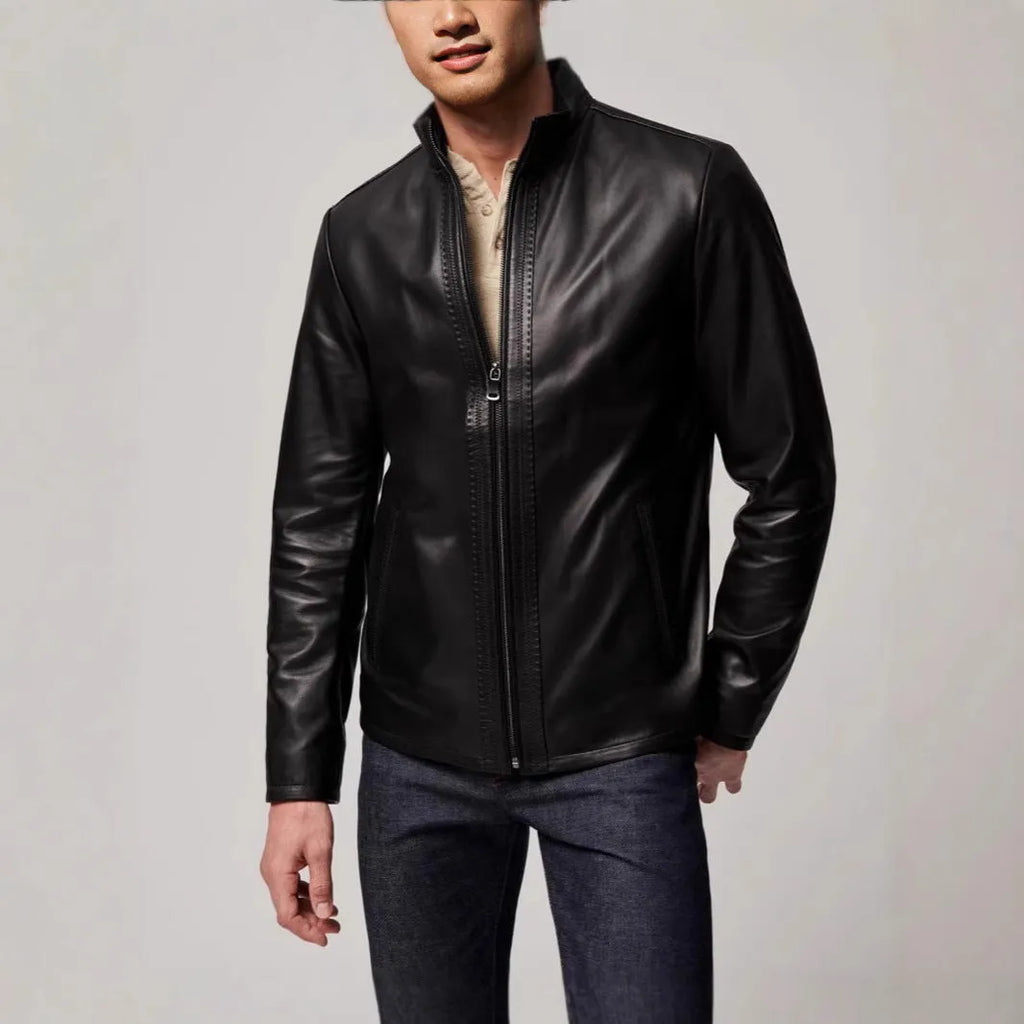 Black men's American retro style leather jacket made from polyester fabric with long sleeves and straight hem