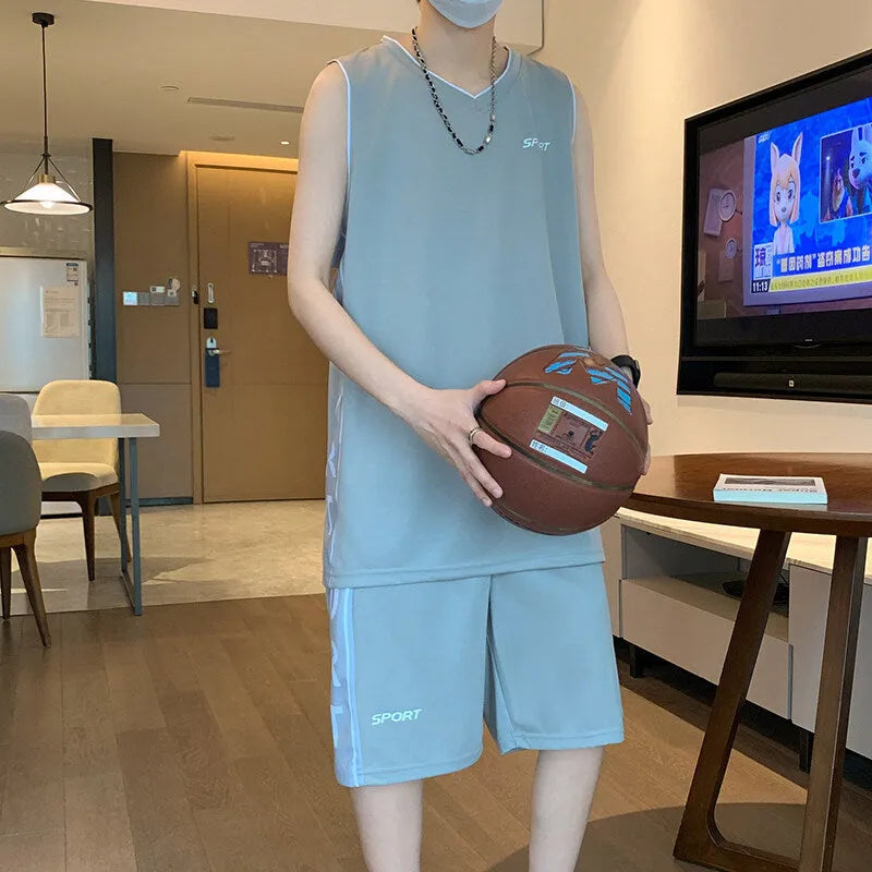 Men's black polyester basketball sports suit consisting of a sleeveless vest top and matching shorts.