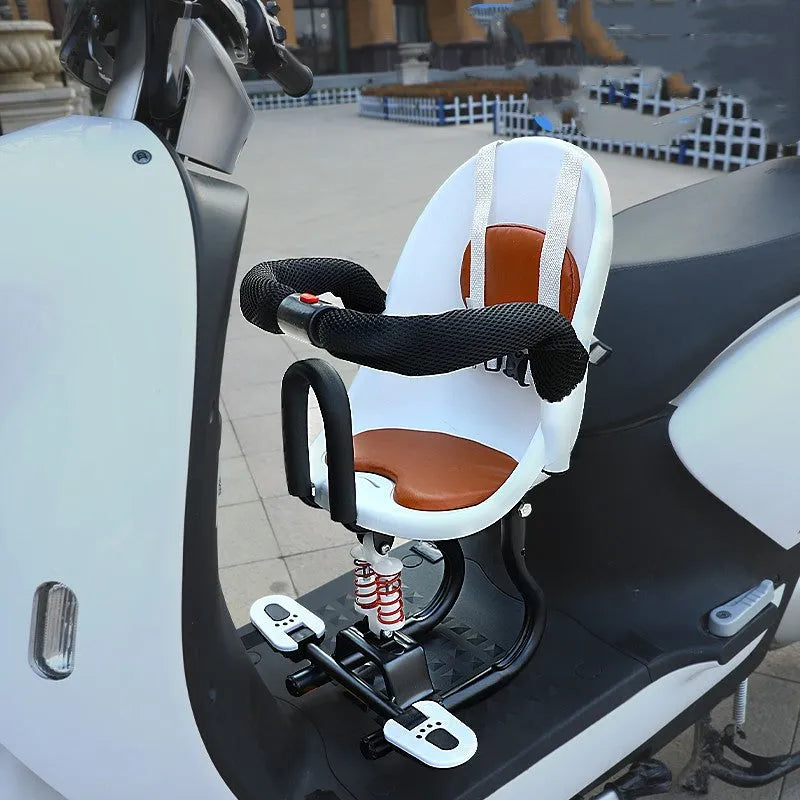 Black front child safety seat for an electric scooter, showing a high carbon steel frame.