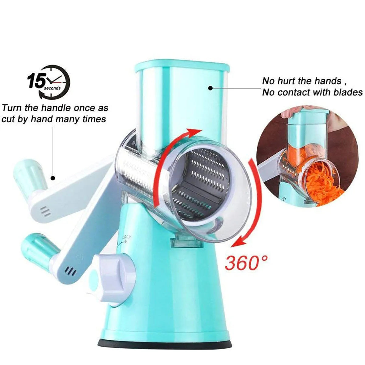 Manual round kitchen mandoline slicer with stainless steel blades in blue colour