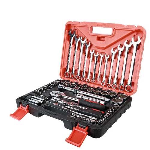61-piece chrome vanadium steel socket and wrench set with ratchets, metric sockets, and combination wrenches laid out.