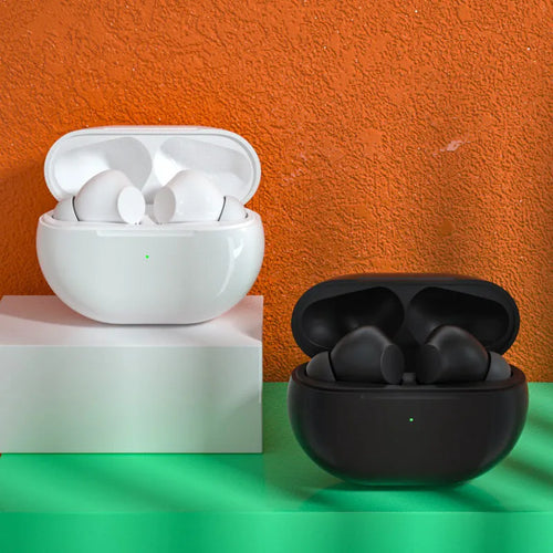 Pro4 black and white wireless Bluetooth earbuds with a USB charging case and cable.