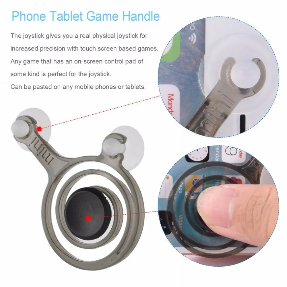 Pair of clear and black universal mini joysticks for mobile phone touch screen gaming with drawstring bag on white background