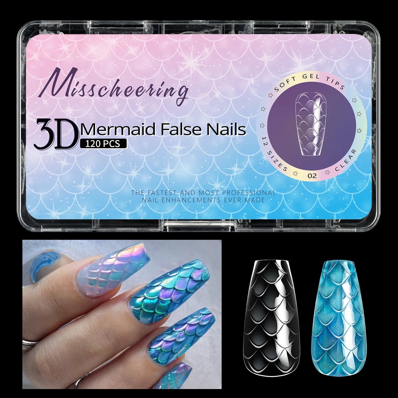 Pack of 3D Scale Long Shaping Nail Tips showing textured surface, labelled with Frigate Box variant code.