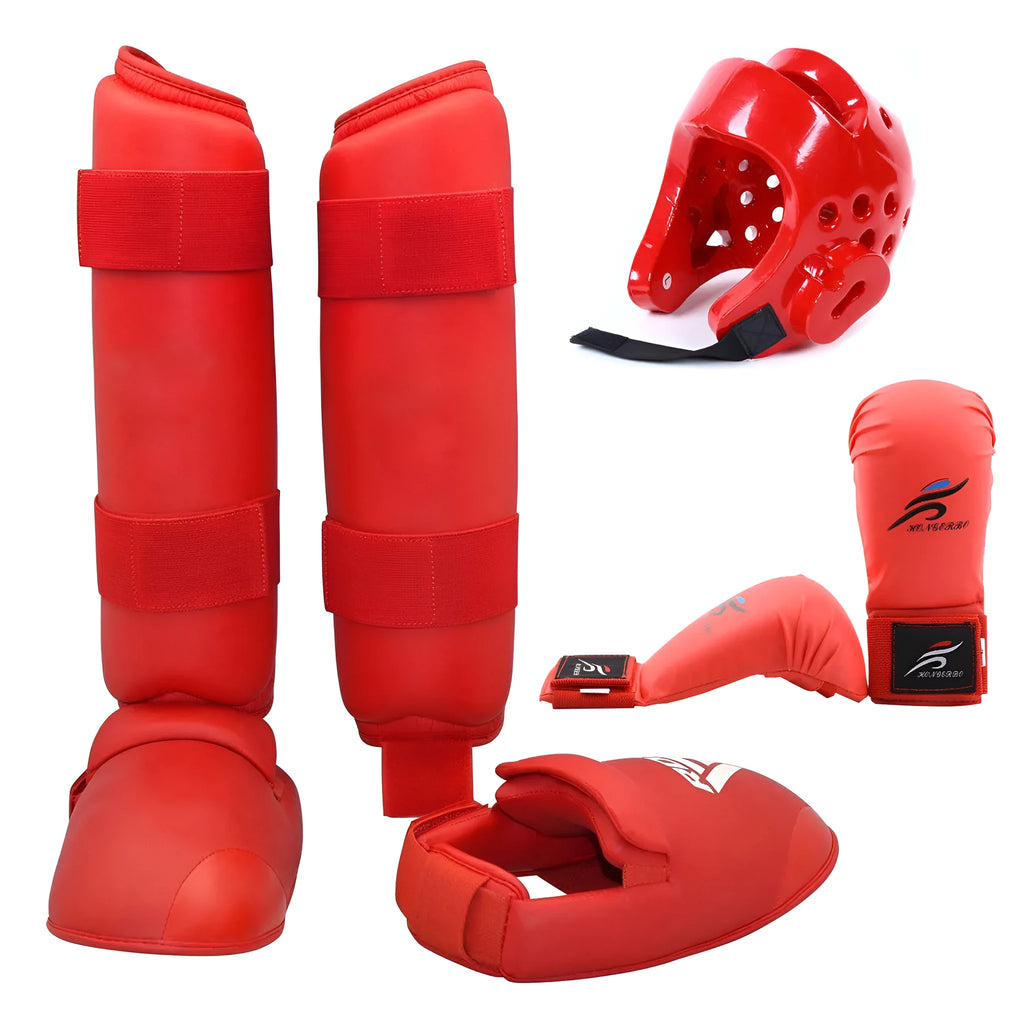 Red and blue karate taekwondo protective gear set with leg guards, boxing gloves, and helmet