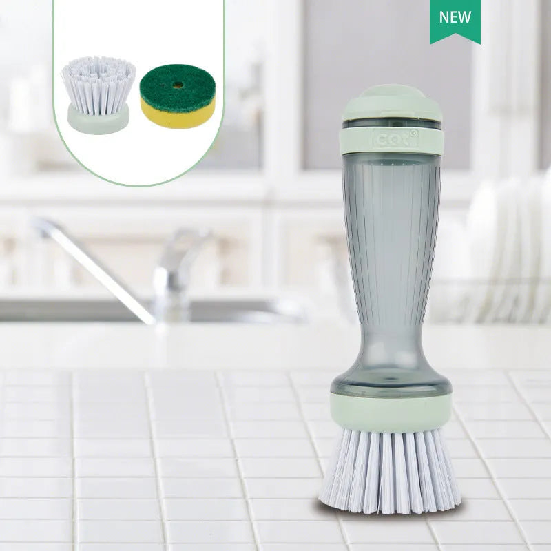 Pot scrub brush with soap dispenser in mint green colour with replaceable brush head