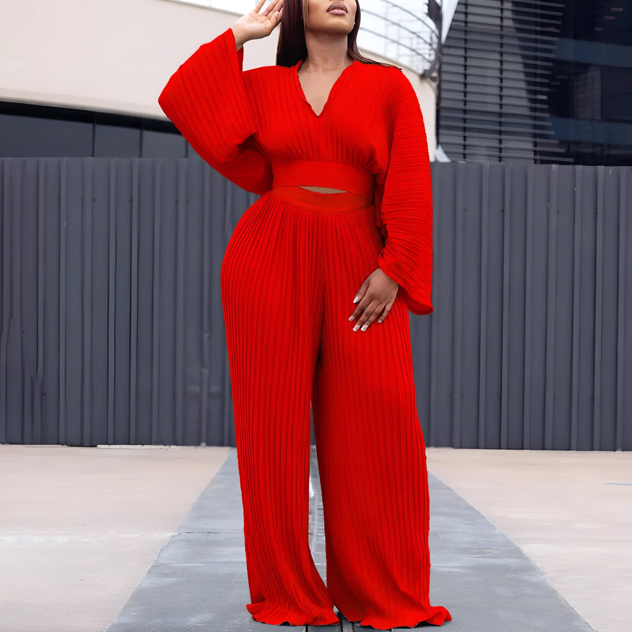 Women's African suit two-piece set with batwing sleeves and wide leg trousers in red or sapphire blue