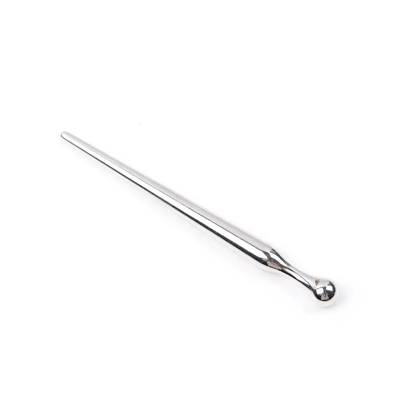 Silver metal urethral stimulation plug stick with round beads and a horse eye end design.