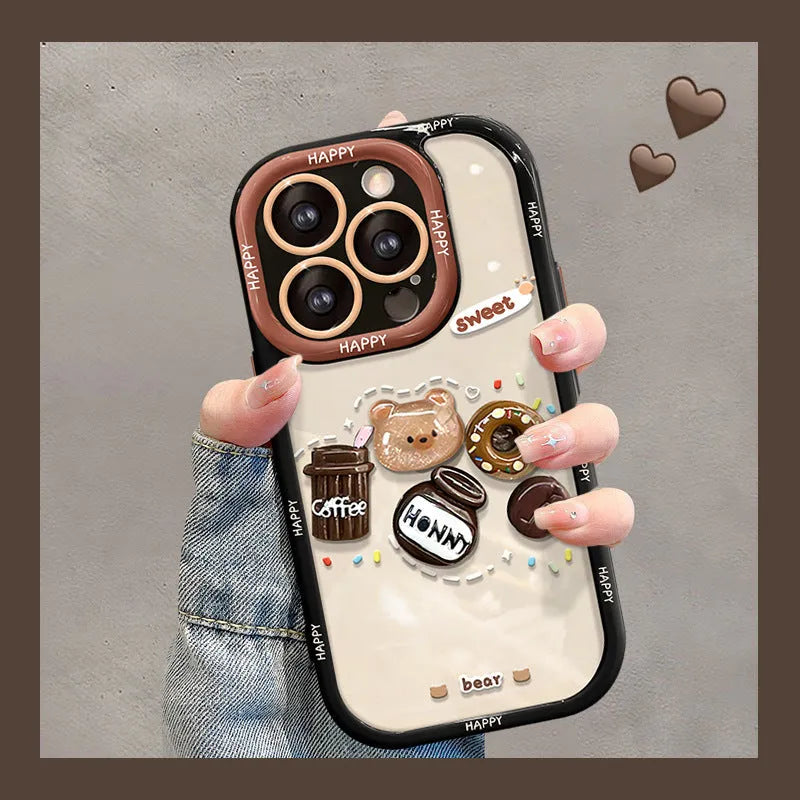 Silicone phone case with coffee bear doll pendant in cream colour for Apple iPhone models