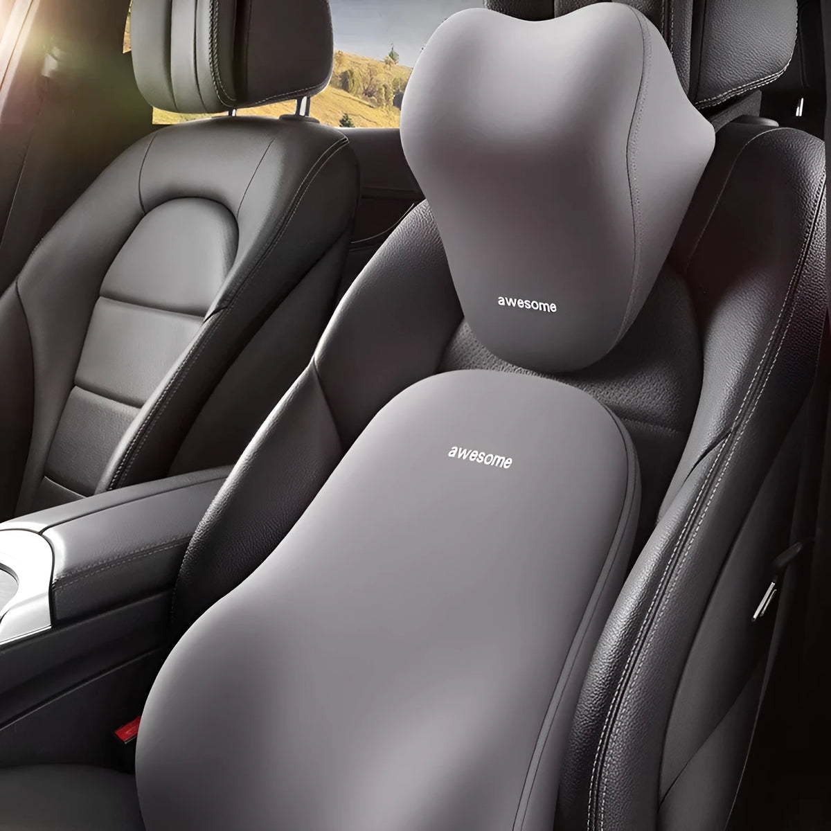 Automotive headrest and lumbar support pillow set in beige, black, and grey colour options