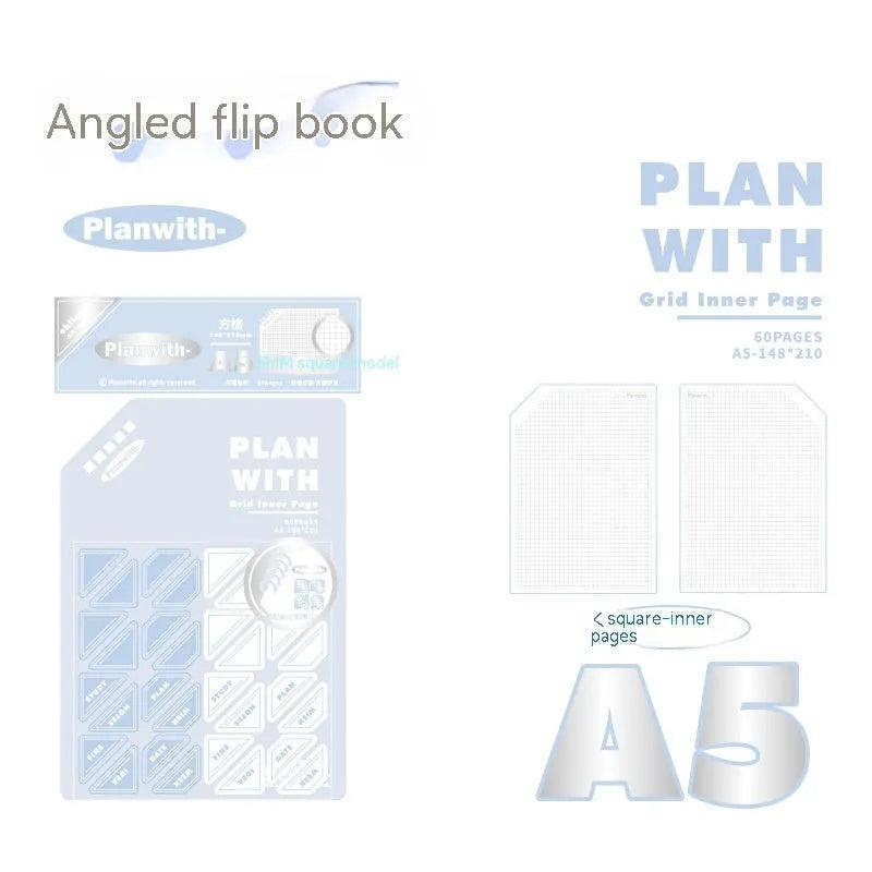 Oblique angle artsy ins style student notebook in A5 or B5 size with white or blue plaid cover.
