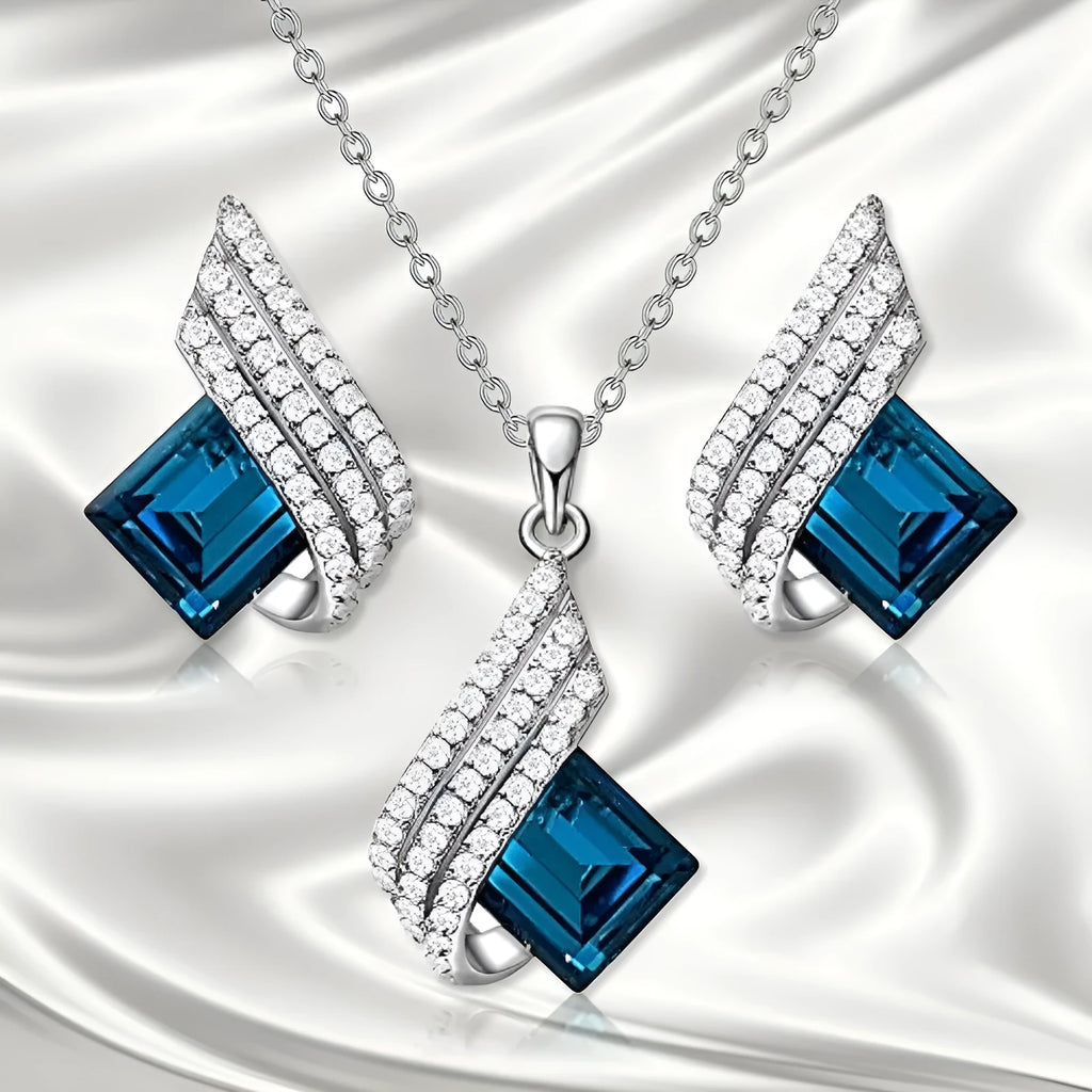 Glass pendant necklace and matching ear stud set with electroplated finish and cross chain style for women