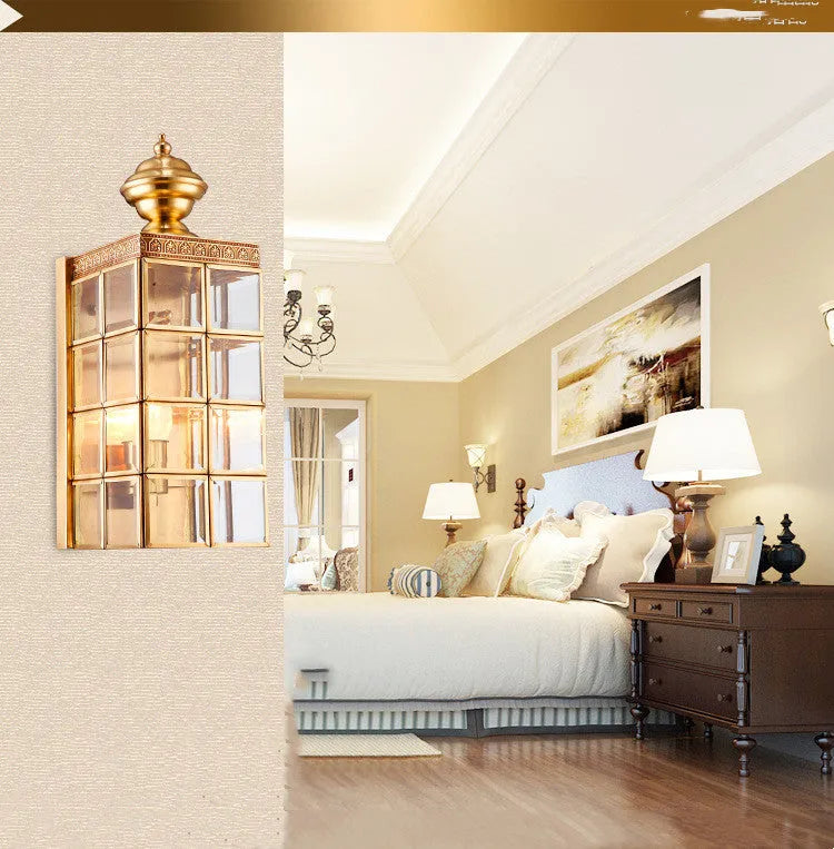 Modern European full copper wall lamp with glass shade, gold finish, 130x410x150mm
