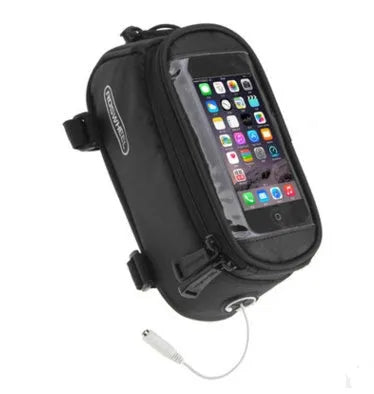 ROSWHEEL black PVC bicycle frame bag for mobile phone mounted on a bike.