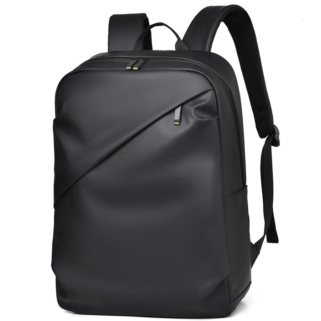 Men's waterproof backpack in black, blue or grey colour with PU leather construction and sewing thread detailing