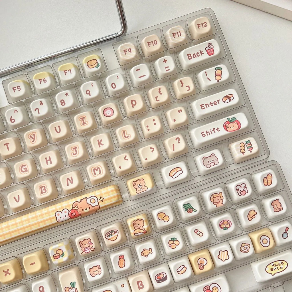 Rabbit Bear Restaurant themed PBT keycap set in EOA profile, 140 pieces with colourful sublimated artwork.