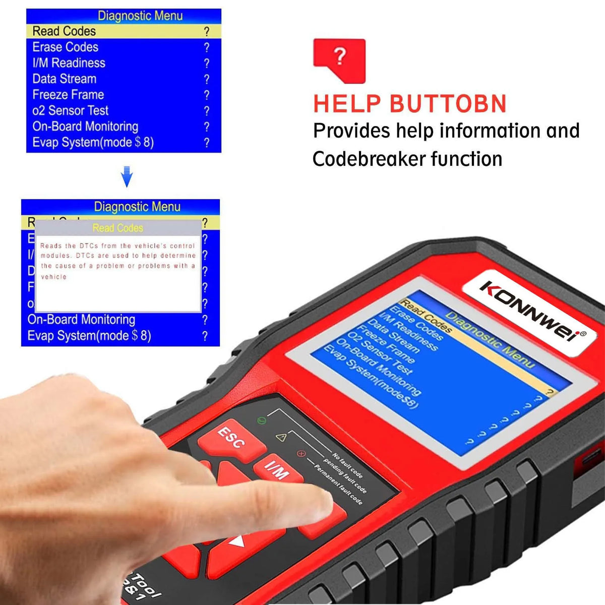 KONNWEI KW850 OBD2 code reader with TFT colour display and nylon case