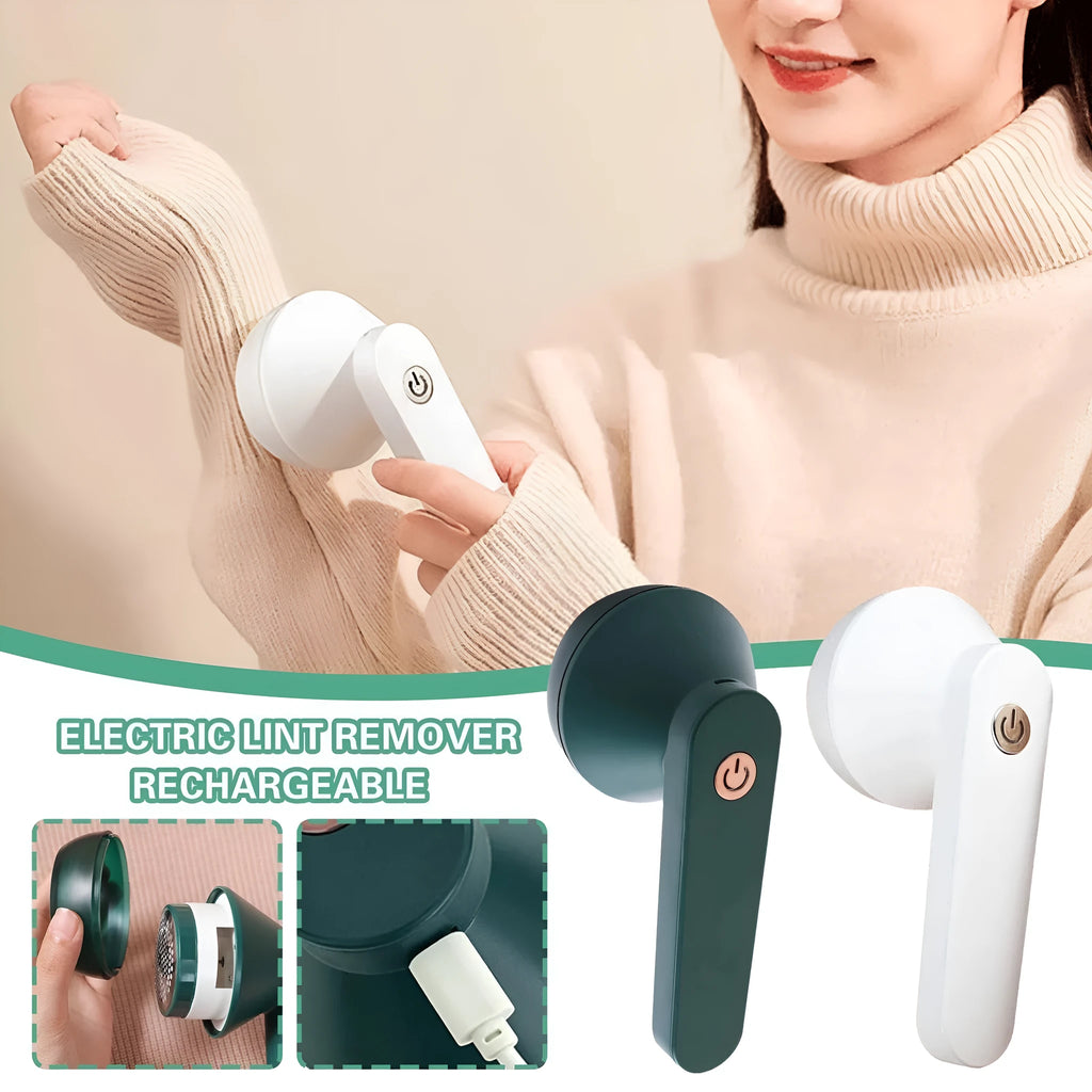 USB rechargeable electric lint remover in white with stainless steel blade and honeycomb mesh cover