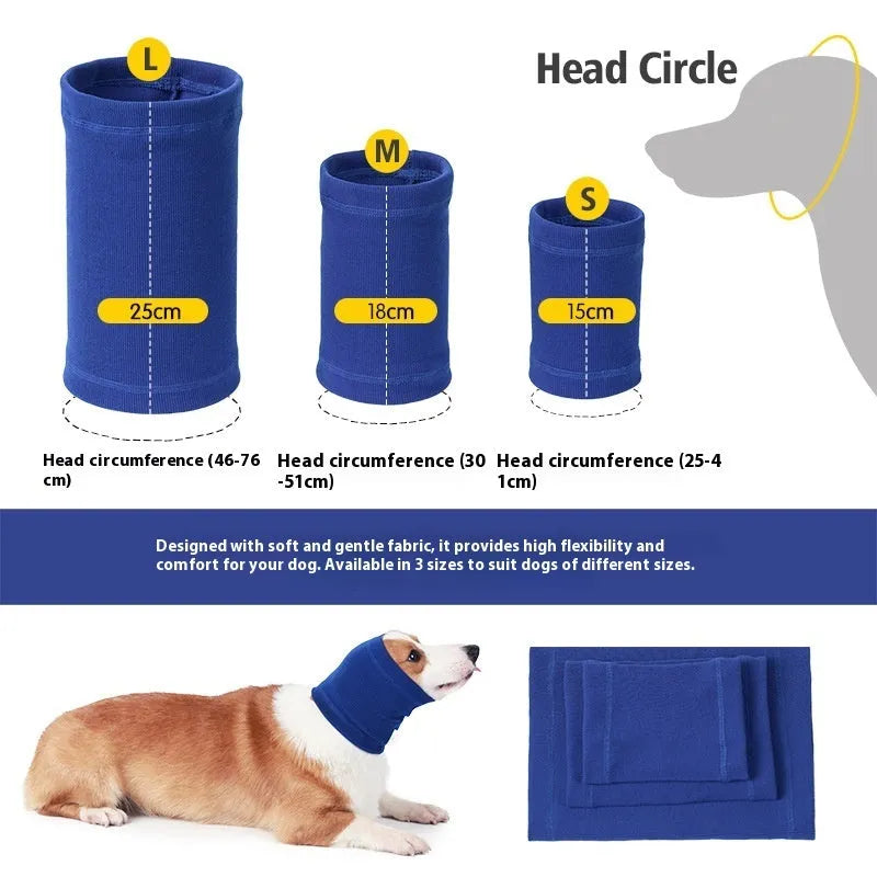 Blue and grey polyester dog headband scarf shown in small, medium and large sizes