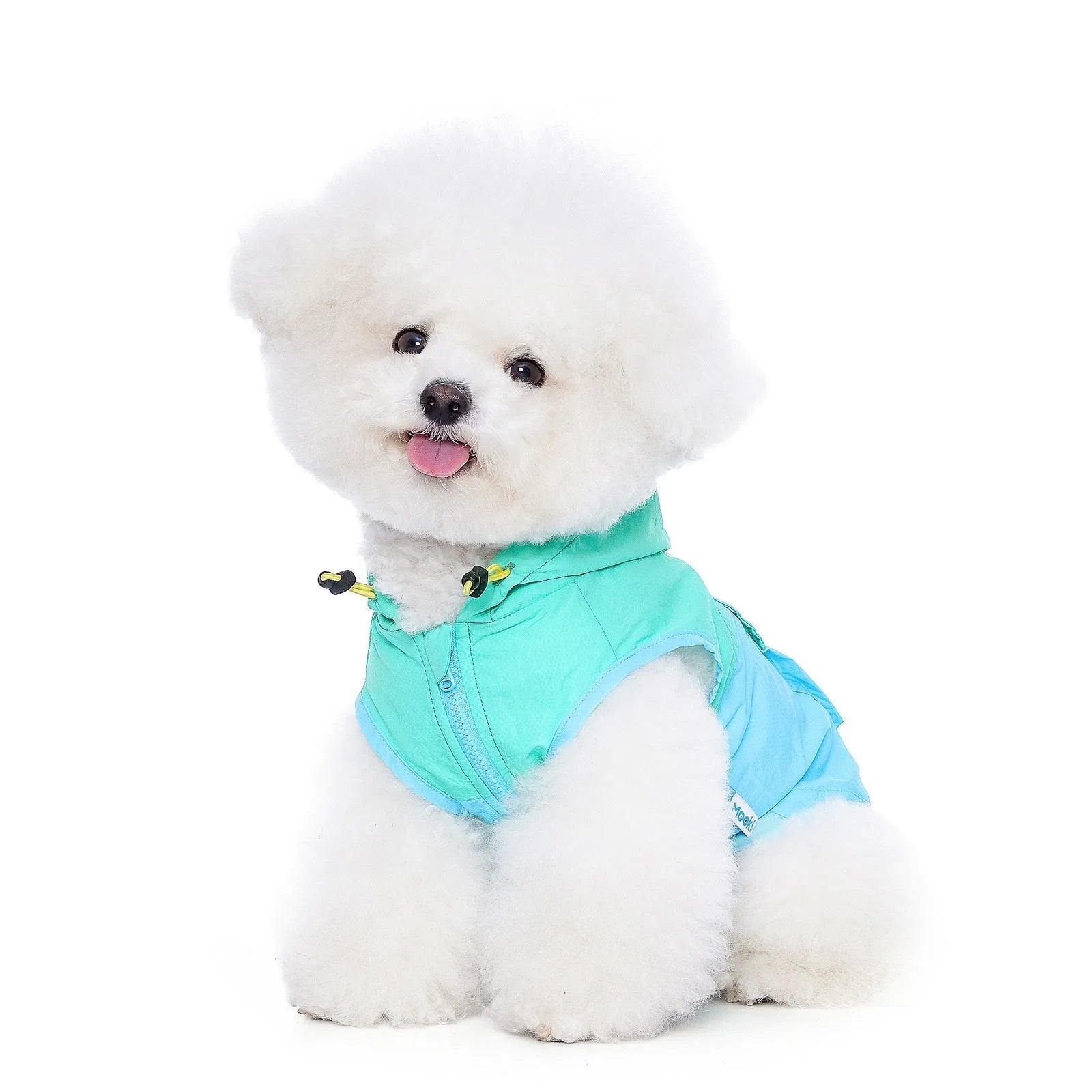 Mookipet 100% nylon dog sun protection vest in blue and green, side view showing traction point, for small dogs sizes XXS to XXL