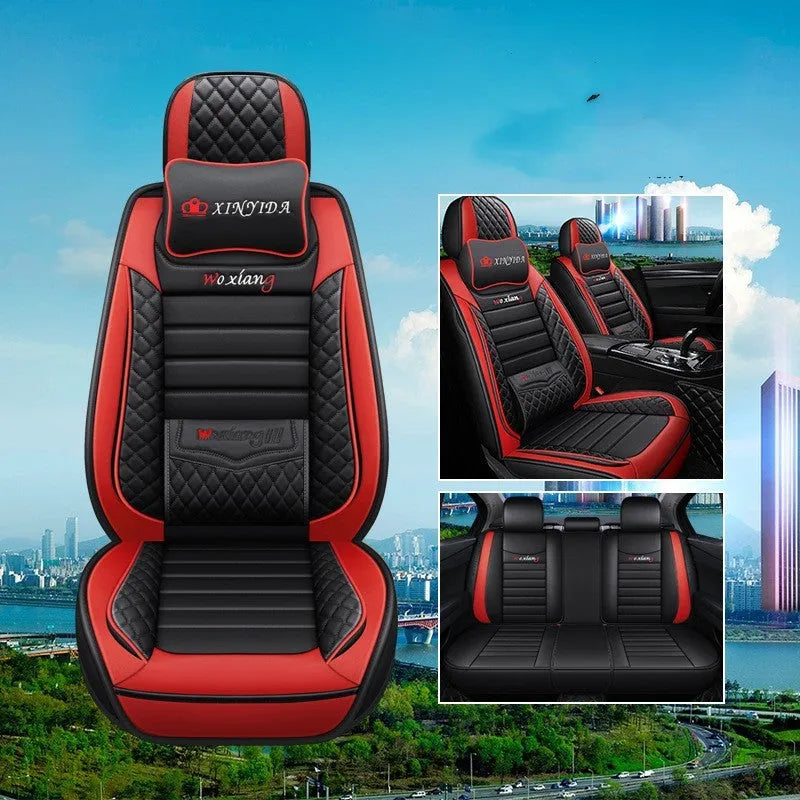 Universal car seat cushion with high elastic sponge filler in red, green, and black colour options.