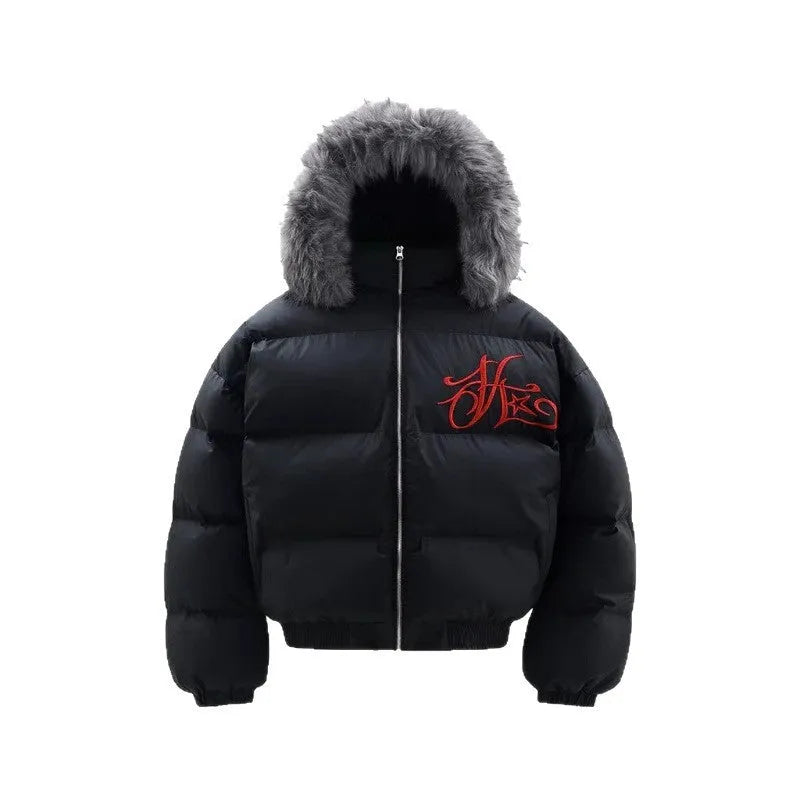 Men's black vintage zipper cardigan cotton-padded jacket on display