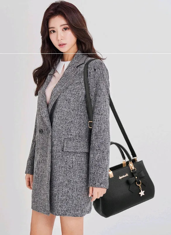 Women's medium cross section square PU casual shoulder handbag with belt decoration and soft handle