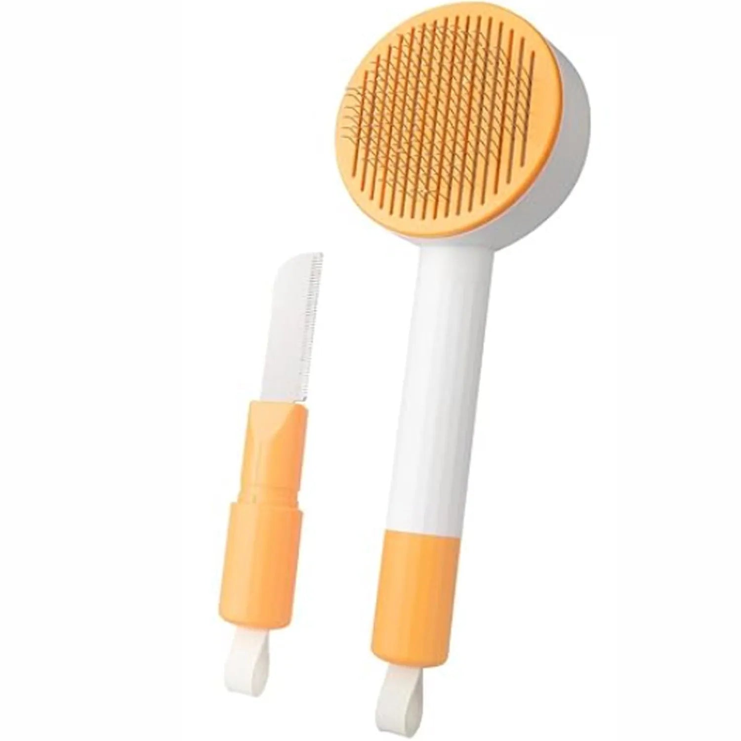 Green and yellow pet grooming brush with stainless steel teeth and a hanging loop for storage.