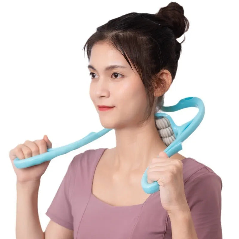 Blue plastic six-wheel neck and shoulder massager with adjustable arms on a white background.