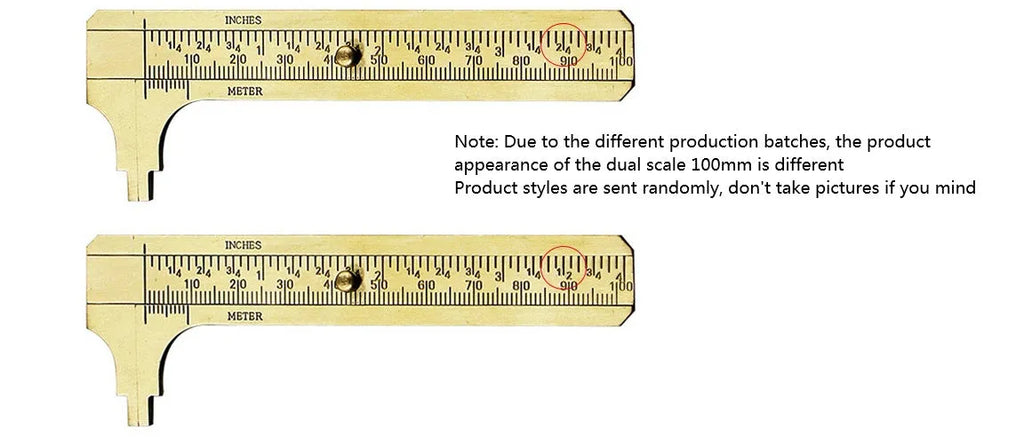 Double scale mini copper caliper with brass casting body and clear vernier markings on a white background