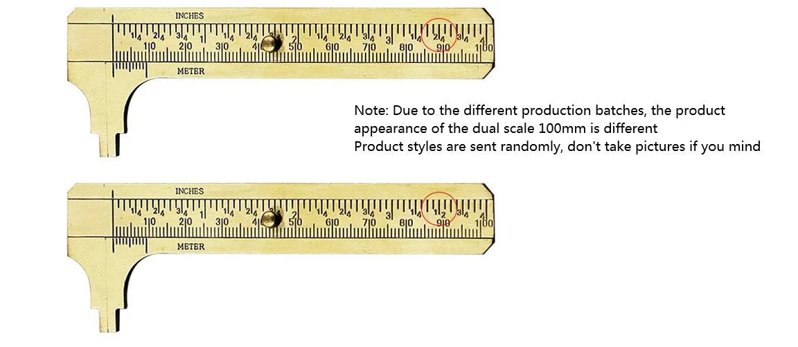 Double scale mini copper caliper with brass casting body and clear vernier markings on a white background
