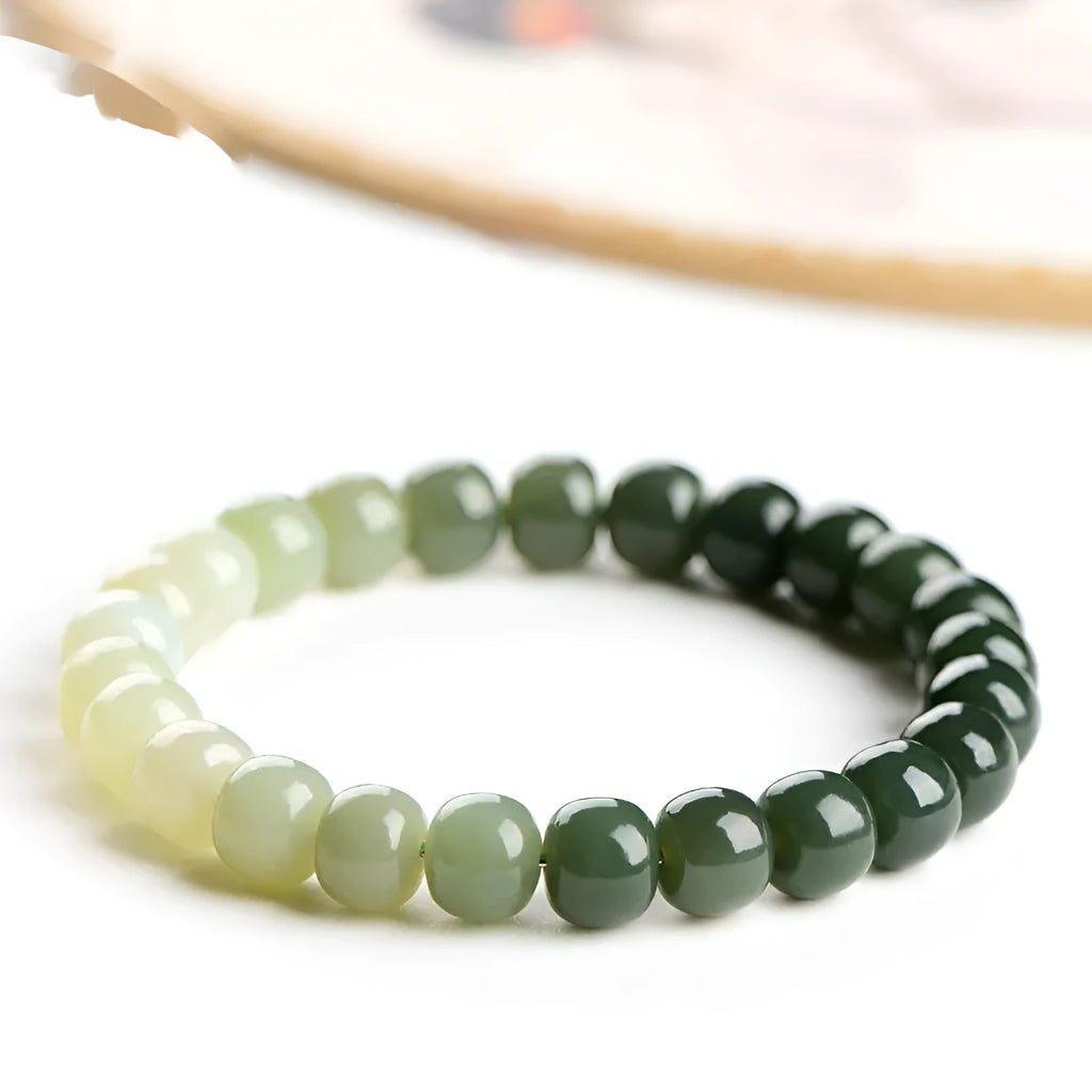 Natural Hetian jade bracelet with water gradient colour and polished beads