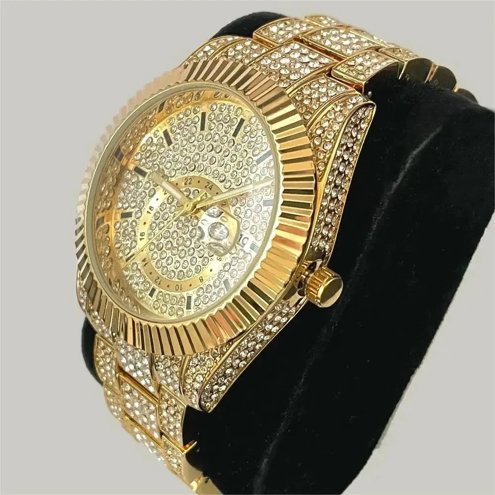 Silver full diamond night glow waterproof men's watch with 42mm dial and gold-plated strap
