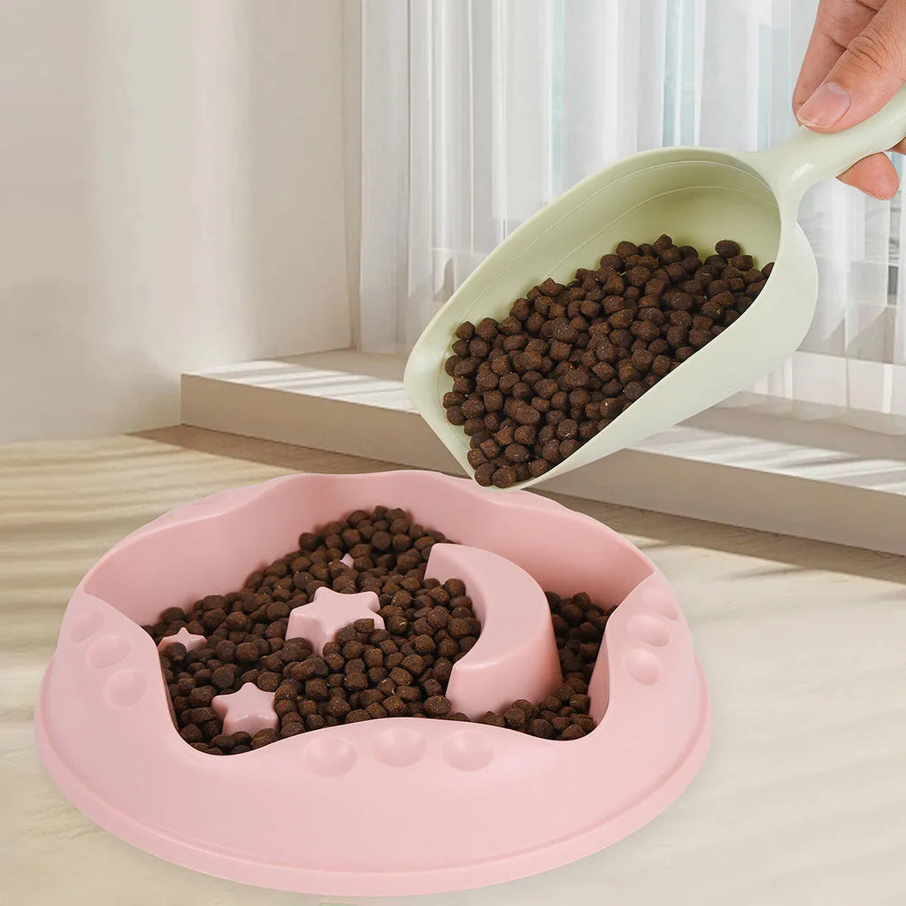 Large pet slow feeder bowl with moon and star obstacles inside, shown in blue colour.
