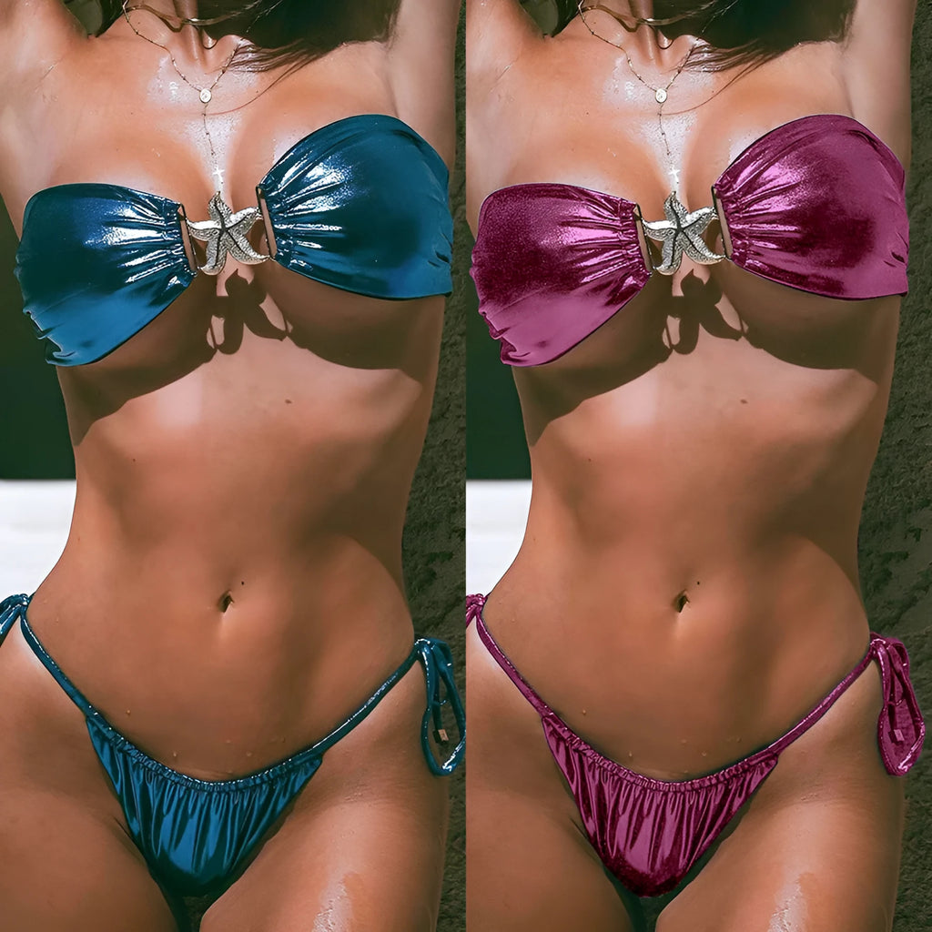 Women's glossy tube top split bikini with gold starfish detailing in sapphire blue