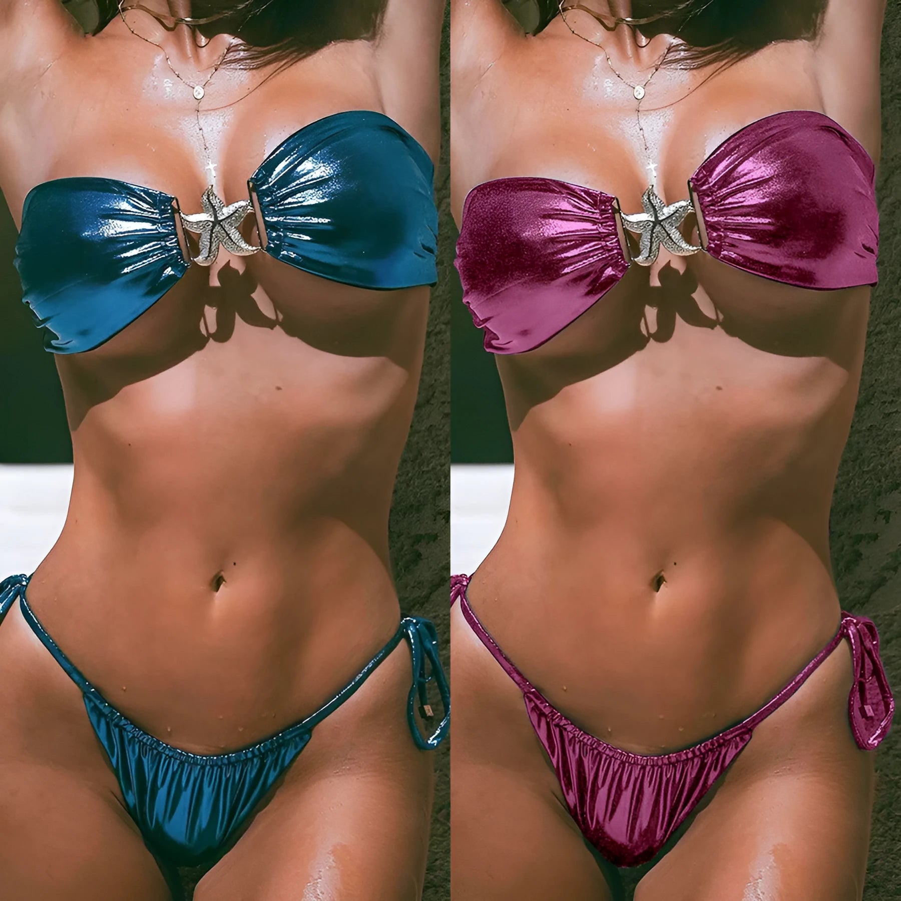 Women's glossy tube top split bikini with gold starfish detailing in sapphire blue
